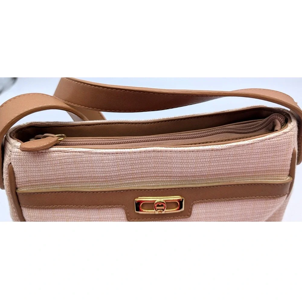 Etienne Aigner Crossbody Bag Tan Cream Woven Straw Leather Trim Gold Hardware